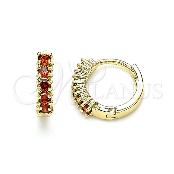 Gold Filled Hoop Earrings — Huggie Hoop with Garnet Cubic Zirconia Polished 02. — main product view — SKU 144852 | Oro Laminado aretes de aro — Huggie Hoop with Garnet Cubic Zirconia pulido 02. — SKU 144852