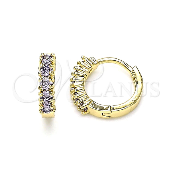 Gold Filled Hoop Earrings — Huggie Hoop with Amethyst Cubic Zirconia Polished 02. — main product view — SKU 144854 | Oro Laminado aretes de aro — Huggie Hoop with Amethyst Cubic Zirconia pulido 02. — SKU 144854