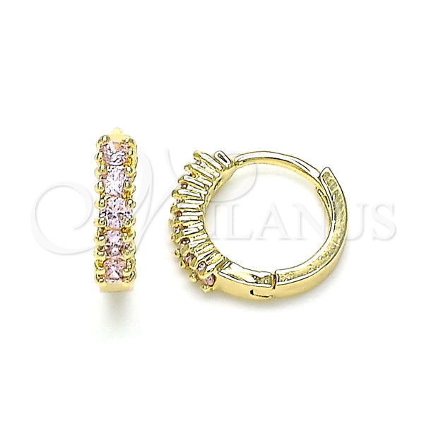 Oro Laminado Huggie Hoop, Gold Filled Style with Pink Cubic Zirconia, Polished, Golden Finish, 02.210.0602.4.12