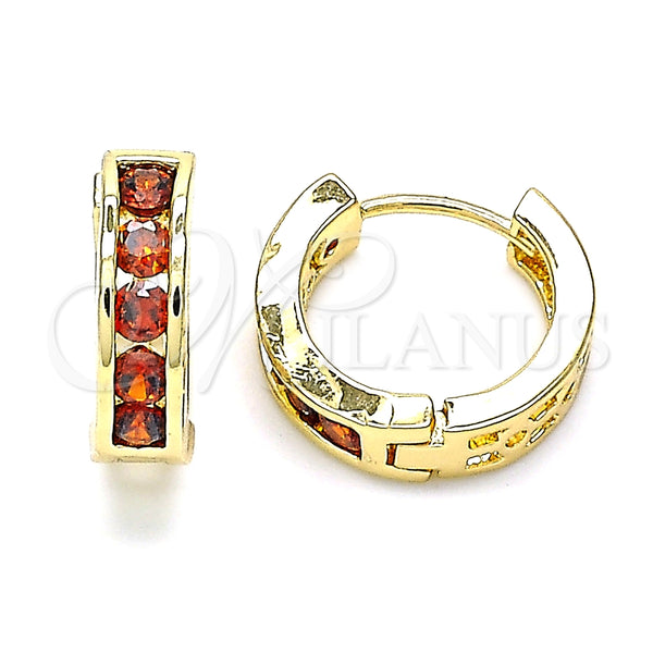 Gold Filled Hoop Earrings — Huggie Hoop with Garnet Cubic Zirconia Polished 02. — main product view — SKU 144858 | Oro Laminado aretes de aro — Huggie Hoop with Garnet Cubic Zirconia pulido 02. — SKU 144858