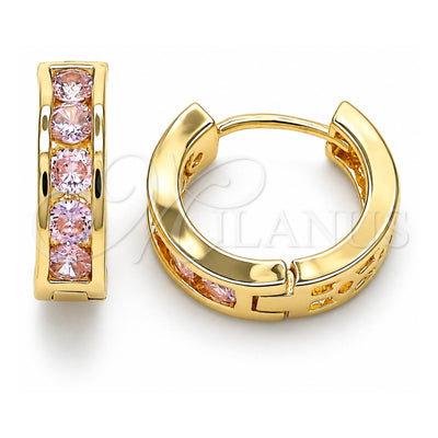 Oro Laminado Huggie Hoop, Gold Filled Style with Pink Cubic Zirconia, Polished, Golden Finish, 02.210.0603.3.15