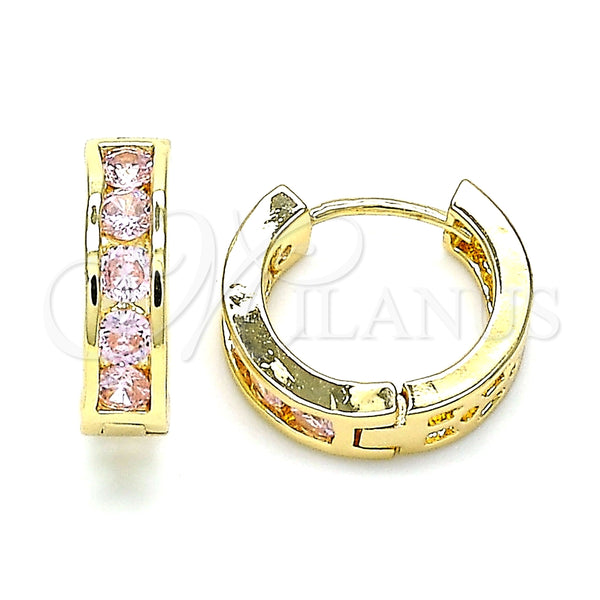 Gold Filled Hoop Earrings — Huggie Hoop with Pink Cubic Zirconia Polished 02. — main product view — SKU 144860 | Oro Laminado aretes de aro — Huggie Hoop with Pink Cubic Zirconia pulido 02. — SKU 144860
