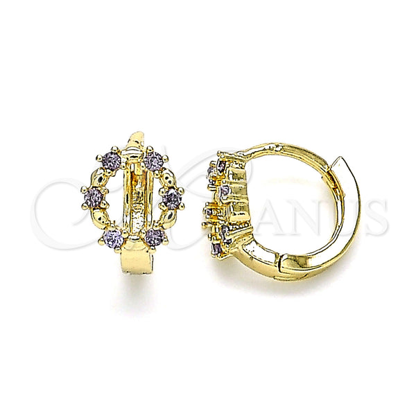 Gold Filled Hoop Earrings — Huggie Hoop with Amethyst Cubic Zirconia Polished 02. — main product view — SKU 144869 | Oro Laminado aretes de aro — Huggie Hoop with Amethyst Cubic Zirconia pulido 02. — SKU 144869