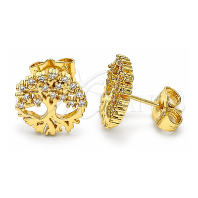 Oro Laminado Stud Earring, Gold Filled Style Tree Design, with White Cubic Zirconia, Polished, Golden Finish, 02.156.0581