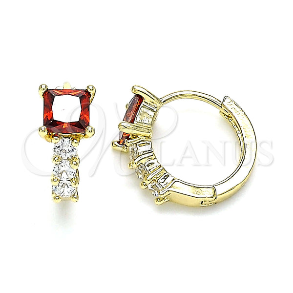 Gold Filled Hoop Earrings — Huggie Hoop with Garnet and White Cubic Zirconia — main product view — SKU 144879 | Oro Laminado aretes de aro — Huggie Hoop with Garnet and blanco Cubic Zirconia — SKU 144879
