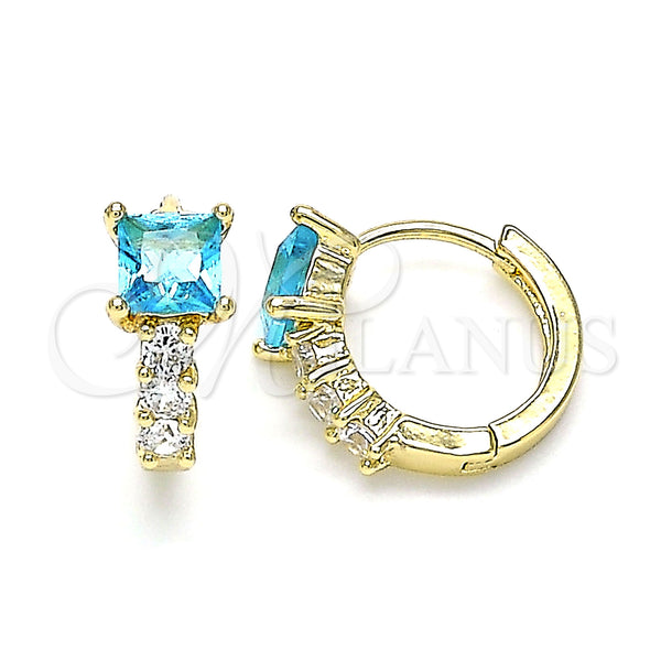 Gold Filled Hoop Earrings — Huggie Hoop with Blue Topaz and White Cubic — main product view — SKU 144880 | Oro Laminado aretes de aro — Huggie Hoop with Blue Topaz and blanco Cubic — SKU 144880