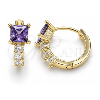 Oro Laminado Huggie Hoop, Gold Filled Style with Amethyst and White Cubic Zirconia, Polished, Golden Finish, 02.210.0606.3.12