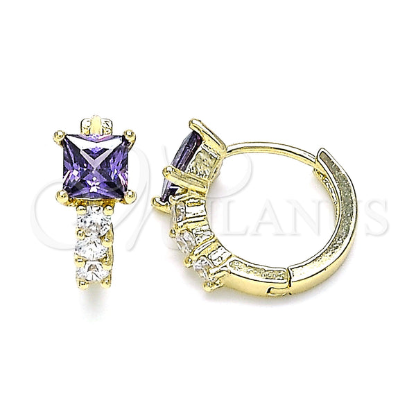 Gold Filled Hoop Earrings — Huggie Hoop with Amethyst and White Cubic Zirconia — main product view — SKU 144881 | Oro Laminado aretes de aro — Huggie Hoop with Amethyst and blanco Cubic Zirconia — SKU 144881