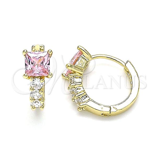 Gold Filled Hoop Earrings — Huggie Hoop with Pink and White Cubic Zirconia — main product view — SKU 144882 | Oro Laminado aretes de aro — Huggie Hoop with Pink and blanco Cubic Zirconia — SKU 144882