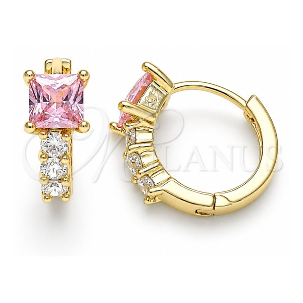 Oro Laminado Huggie Hoop, Gold Filled Style with Pink and White Cubic Zirconia, Polished, Golden Finish, 02.210.0606.4.12