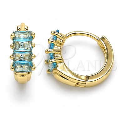 Oro Laminado Huggie Hoop, Gold Filled Style Baguette Design, with Blue Topaz Cubic Zirconia, Polished, Golden Finish, 02.210.0607.2.12