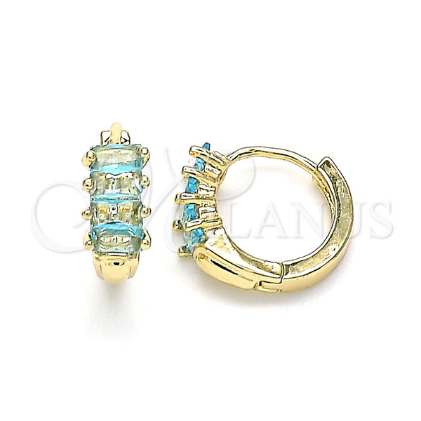 Gold Filled Hoop Earrings — Huggie Hoop Baguette Design with Blue Topaz Cubic — main product view — SKU 144886 | Oro Laminado aretes de aro — Huggie Hoop Baguette diseño with Blue Topaz Cubic — SKU 144886