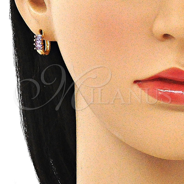 Gold Filled Hoop Earrings — Huggie Hoop Baguette Design with Amethyst Cubic Zirconia — alternate product view — SKU 144887 | Oro Laminado aretes de aro — Huggie Hoop Baguette diseño with Amethyst Cubic Zirconia — SKU 144887