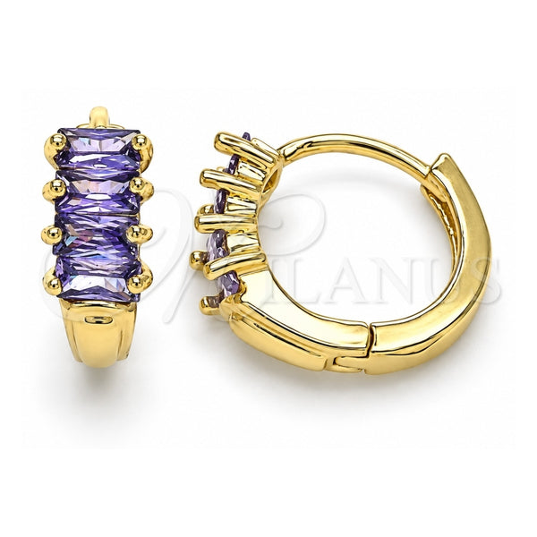 Oro Laminado Huggie Hoop, Gold Filled Style Baguette Design, with Amethyst Cubic Zirconia, Polished, Golden Finish, 02.210.0607.3.12