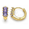 Oro Laminado Huggie Hoop, Gold Filled Style Baguette Design, with Amethyst Cubic Zirconia, Polished, Golden Finish, 02.210.0607.3.12