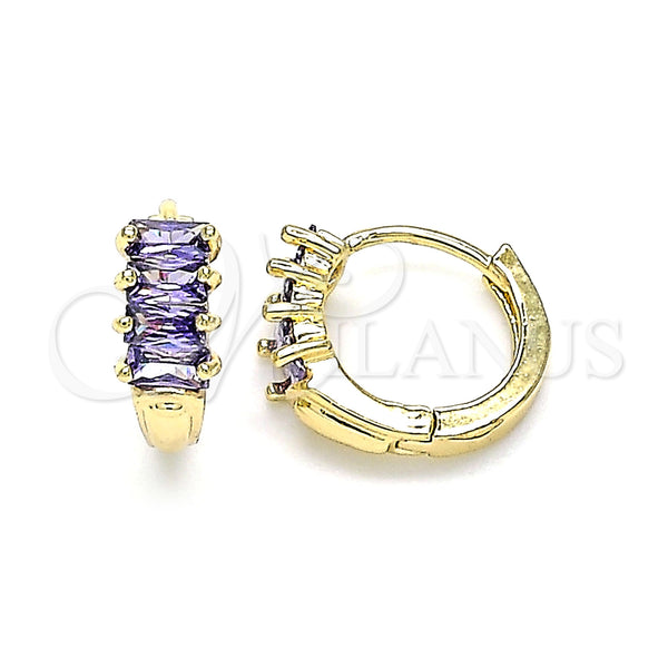 Gold Filled Hoop Earrings — Huggie Hoop Baguette Design with Amethyst Cubic Zirconia — main product view — SKU 144887 | Oro Laminado aretes de aro — Huggie Hoop Baguette diseño with Amethyst Cubic Zirconia — SKU 144887