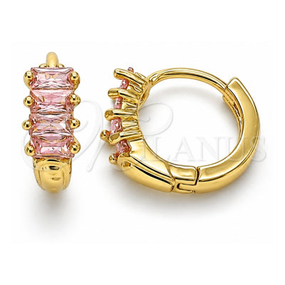 Oro Laminado Huggie Hoop, Gold Filled Style Baguette Design, with Pink Cubic Zirconia, Polished, Golden Finish, 02.210.0607.4.12