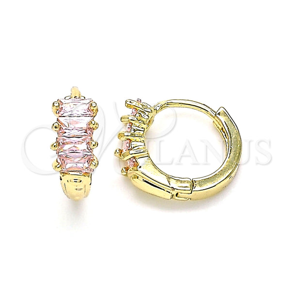 Gold Filled Hoop Earrings — Huggie Hoop Baguette Design with Pink Cubic Zirconia — main product view — SKU 144888 | Oro Laminado aretes de aro — Huggie Hoop Baguette diseño with Pink Cubic Zirconia — SKU 144888