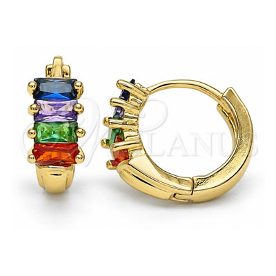 Oro Laminado Huggie Hoop, Gold Filled Style Baguette Design, with Multicolor Cubic Zirconia, Polished, Golden Finish, 02.210.0607.5.12