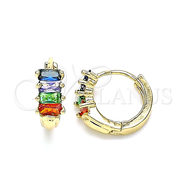 Gold Filled Hoop Earrings — Huggie Hoop Baguette Design with Multicolor Cubic Zirconia — main product view — SKU 144889 | Oro Laminado aretes de aro — Huggie Hoop Baguette diseño with Multicolor Cubic Zirconia — SKU 144889