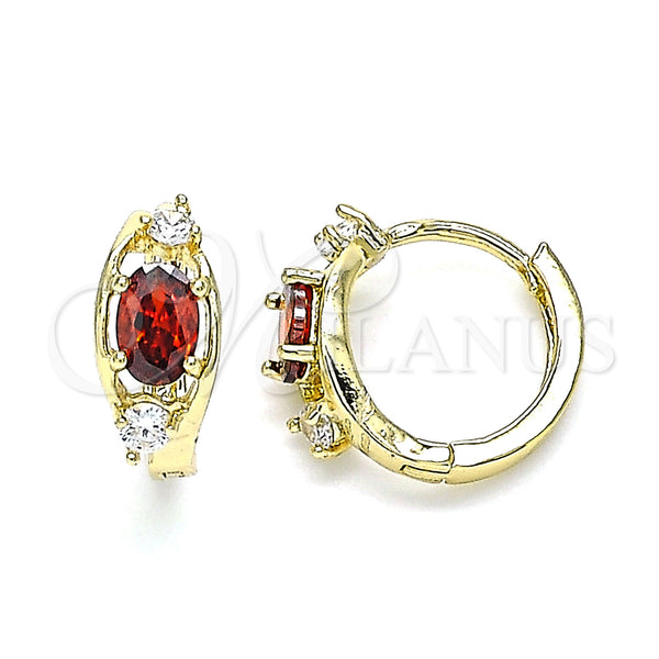 Gold Filled Hoop Earrings — Huggie Hoop with Garnet and White Cubic Zirconia — main product view — SKU 144890 | Oro Laminado aretes de aro — Huggie Hoop with Garnet and blanco Cubic Zirconia — SKU 144890