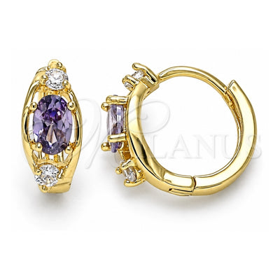 Oro Laminado Huggie Hoop, Gold Filled Style with Amethyst and White Cubic Zirconia, Polished, Golden Finish, 02.210.0608.2.12