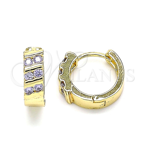 Gold Filled Hoop Earrings — Huggie Hoop with Amethyst Cubic Zirconia Polished 02. — main product view — SKU 144896 | Oro Laminado aretes de aro — Huggie Hoop with Amethyst Cubic Zirconia pulido 02. — SKU 144896