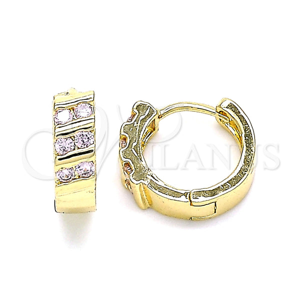 Gold Filled Hoop Earrings — Huggie Hoop with Pink Cubic Zirconia Polished 02. — main product view — SKU 144897 | Oro Laminado aretes de aro — Huggie Hoop with Pink Cubic Zirconia pulido 02. — SKU 144897