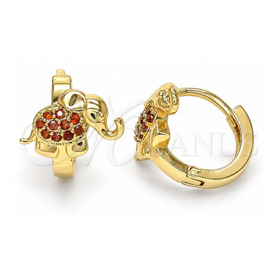Oro Laminado Huggie Hoop, Gold Filled Style Elephant Design, with Garnet Cubic Zirconia, Polished, Golden Finish, 02.210.0610.1.15