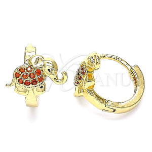 Gold Filled Hoop Earrings — Huggie Hoop Elephant Design with Garnet Cubic Zirconia — main product view — SKU 144900 | Oro Laminado aretes de aro — Huggie Hoop Elephant diseño with Garnet Cubic Zirconia — SKU 144900