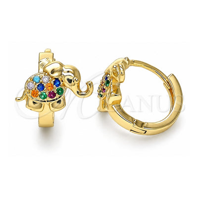 Oro Laminado Huggie Hoop, Gold Filled Style Elephant Design, with Multicolor Cubic Zirconia, Polished, Golden Finish, 02.210.0610.2.15