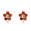 Oro Laminado Huggie Hoop, Gold Filled Style Flower and Star Design, with Garnet Cubic Zirconia, Polished, Golden Finish, 02.210.0611.12