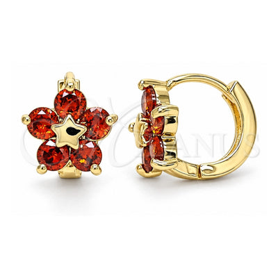 Oro Laminado Huggie Hoop, Gold Filled Style Flower and Star Design, with Garnet Cubic Zirconia, Polished, Golden Finish, 02.210.0611.12