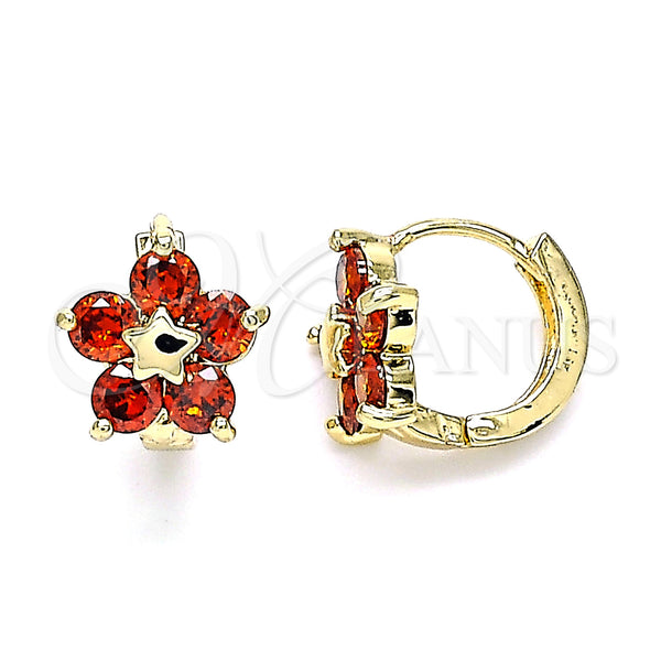 Gold Filled Hoop Earrings — Huggie Hoop Flower and Star Design with Garnet — main product view — SKU 144902 | Oro Laminado aretes de aro — Huggie Hoop flor and estrella diseño with Garnet — SKU 144902
