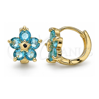 Oro Laminado Huggie Hoop, Gold Filled Style Flower and Star Design, with Blue Topaz Cubic Zirconia, Polished, Golden Finish, 02.210.0611.1.12