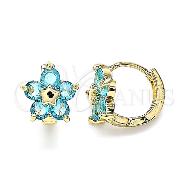 Gold Filled Hoop Earrings — Huggie Hoop Flower and Star Design with Blue — main product view — SKU 144903 | Oro Laminado aretes de aro — Huggie Hoop flor and estrella diseño with Blue — SKU 144903