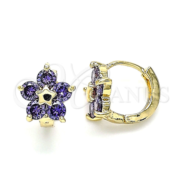 Gold Filled Hoop Earrings — Huggie Hoop Flower and Star Design with Amethyst — main product view — SKU 144904 | Oro Laminado aretes de aro — Huggie Hoop flor and estrella diseño with Amethyst — SKU 144904
