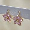 Oro Laminado Huggie Hoop, Gold Filled Style Flower and Star Design, with Pink Cubic Zirconia, Polished, Golden Finish, 02.210.0611.3.12