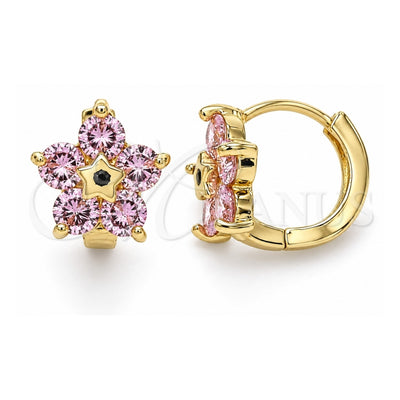 Oro Laminado Huggie Hoop, Gold Filled Style Flower and Star Design, with Pink Cubic Zirconia, Polished, Golden Finish, 02.210.0611.3.12