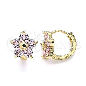 Gold Filled Hoop Earrings — Huggie Hoop Flower and Star Design with Pink — main product view — SKU 144905 | Oro Laminado aretes de aro — Huggie Hoop flor and estrella diseño with Pink — SKU 144905
