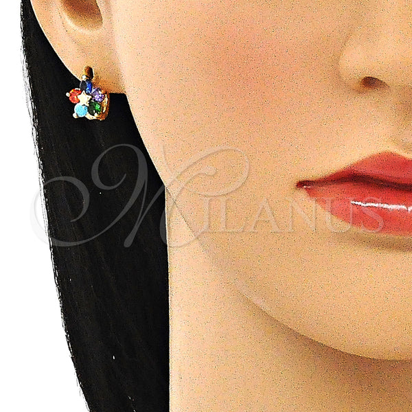 Gold Filled Hoop Earrings — Huggie Hoop Flower and Star Design with Multicolor — alternate product view — SKU 144906 | Oro Laminado aretes de aro — Huggie Hoop flor and estrella diseño with Multicolor — SKU 144906