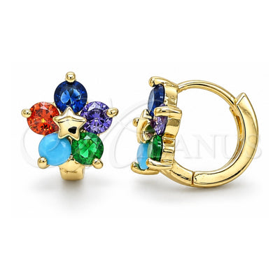 Oro Laminado Huggie Hoop, Gold Filled Style Flower and Star Design, with Multicolor Cubic Zirconia, Polished, Golden Finish, 02.210.0611.4.12