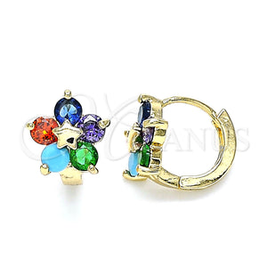 Gold Filled Hoop Earrings — Huggie Hoop Flower and Star Design with Multicolor — main product view — SKU 144906 | Oro Laminado aretes de aro — Huggie Hoop flor and estrella diseño with Multicolor — SKU 144906