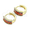 Oro Laminado Huggie Hoop, Gold Filled Style Baguette Design, with Garnet Cubic Zirconia, Polished, Golden Finish, 02.210.0612.12