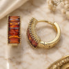 Oro Laminado Huggie Hoop, Gold Filled Style Baguette Design, with Garnet Cubic Zirconia, Polished, Golden Finish, 02.210.0612.12