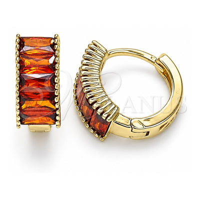 Oro Laminado Huggie Hoop, Gold Filled Style Baguette Design, with Garnet Cubic Zirconia, Polished, Golden Finish, 02.210.0612.12