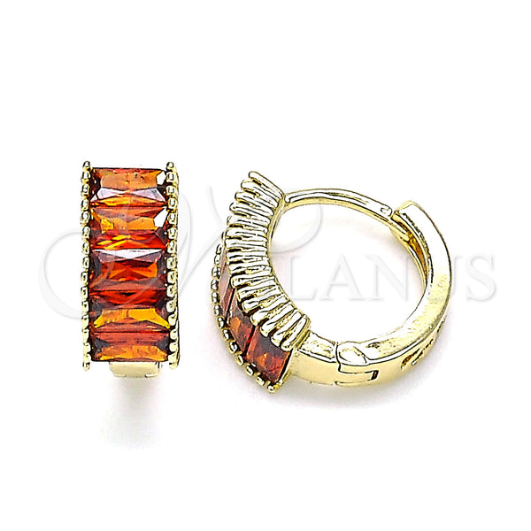 Gold Filled Hoop Earrings — Huggie Hoop Baguette Design with Garnet Cubic Zirconia — main product view — SKU 144907 | Oro Laminado aretes de aro — Huggie Hoop Baguette diseño with Garnet Cubic Zirconia — SKU 144907