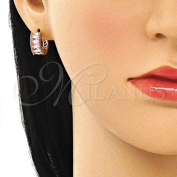 Gold Filled Hoop Earrings — Huggie Hoop Baguette Design with Pink Cubic Zirconia — alternate product view — SKU 144908 | Oro Laminado aretes de aro — Huggie Hoop Baguette diseño with Pink Cubic Zirconia — SKU 144908