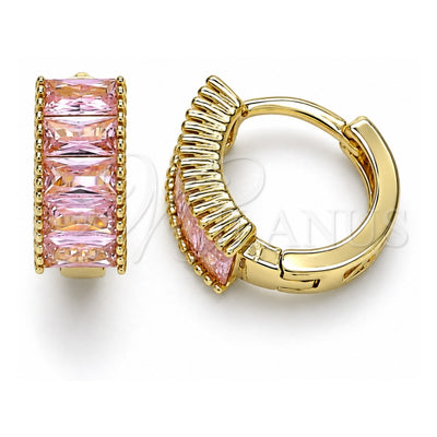 Oro Laminado Huggie Hoop, Gold Filled Style Baguette Design, with Pink Cubic Zirconia, Polished, Golden Finish, 02.210.0612.1.12