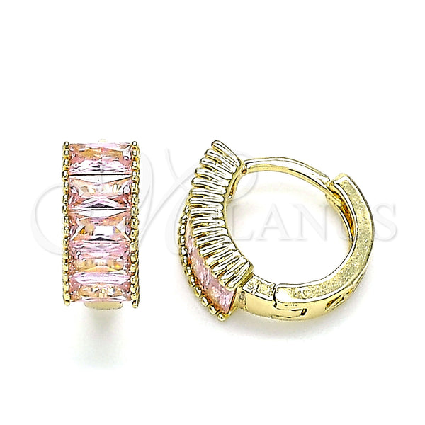 Gold Filled Hoop Earrings — Huggie Hoop Baguette Design with Pink Cubic Zirconia — main product view — SKU 144908 | Oro Laminado aretes de aro — Huggie Hoop Baguette diseño with Pink Cubic Zirconia — SKU 144908
